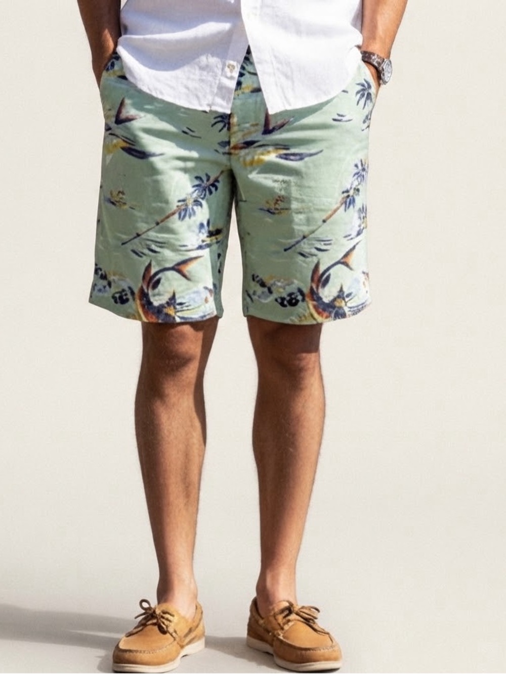 Polo Ralph Lauren Sz 31 Classic Fit Linen Green Fish 6” Preppy Short
